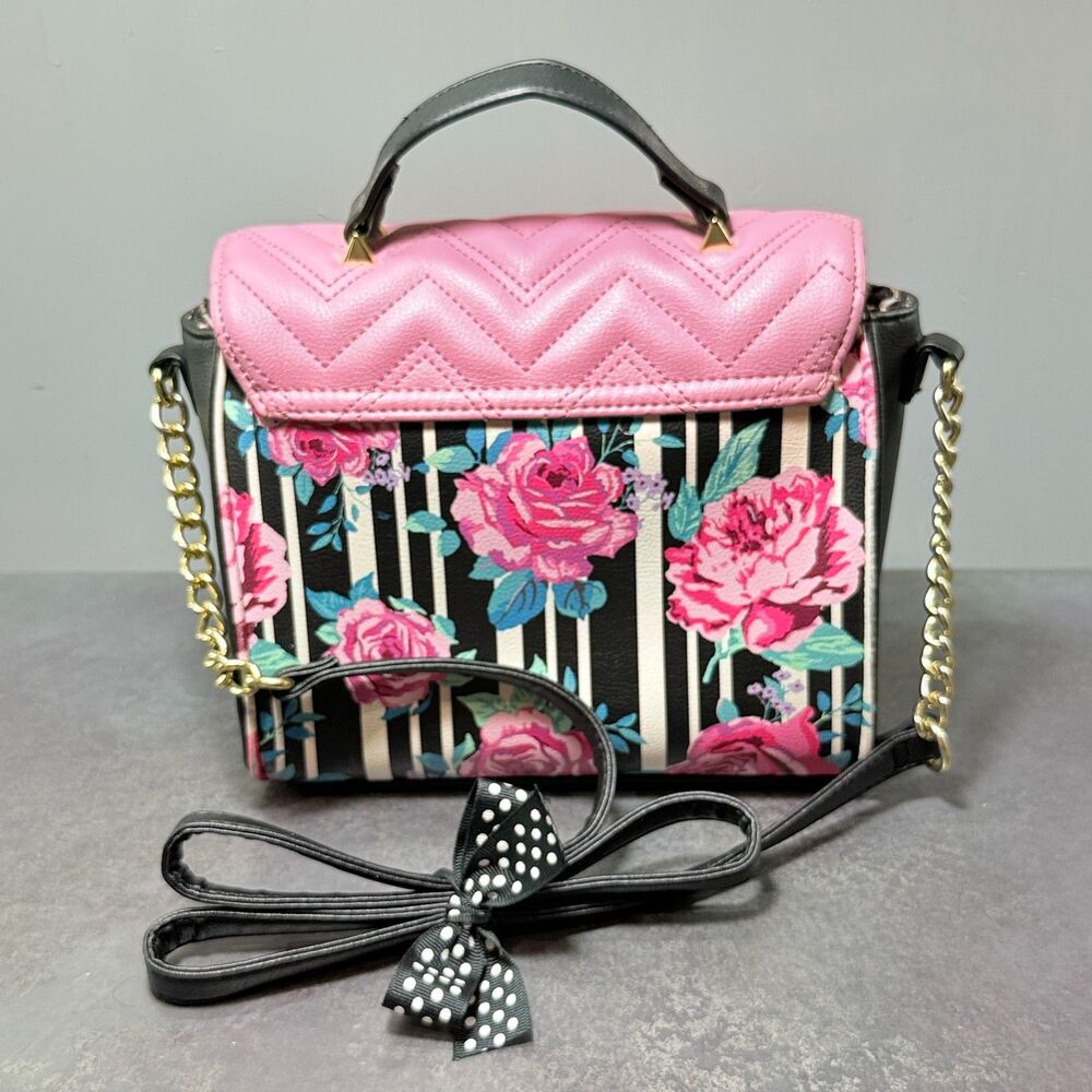 Love Betsey by Betsey Johnson Floral Stripe Crossbody Satchel Pink Chevon Handle - Picture 10 of 12